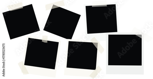 Realistic empty photo card frame, film set. Retro vintage photograph with transparent adhesive tape and paper clip. Digital snapshot image. Template or mockup for design. Vector illustration.