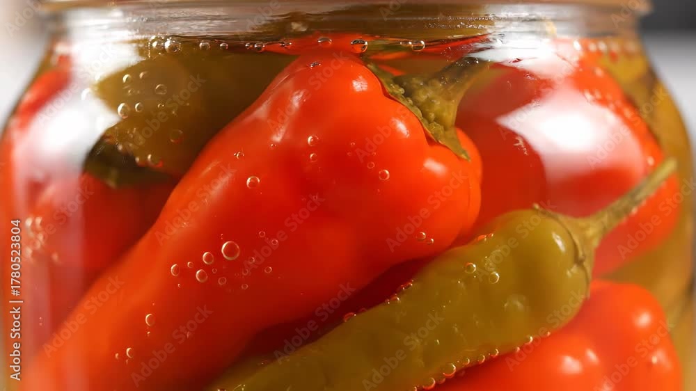 Close up shot of a glass jar packed with pickled red and green chili peppers immersed in brine. Tiny air bubbles can be seen clinging to the peppers
