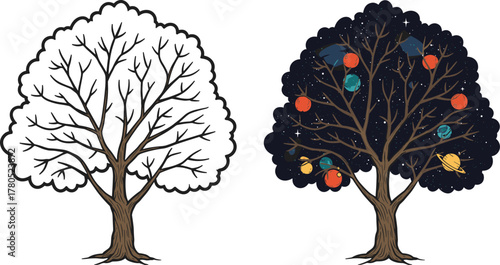 Fantasy cosmic tree with planets and stars, imaginative space-inspired artwork blending nature and universe, celestial night sky illustration