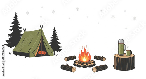 Christmas Winter Camping Scene – Cozy Tent, Firelight and Snowy Pine Trees vector illustration