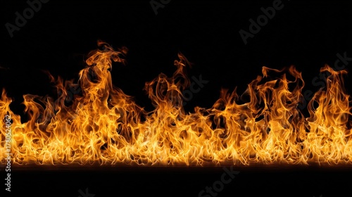 Intense orange flames burn across the bottom edge against a deep black background