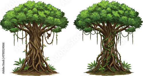 Ancient banyan tree illustration with twisted roots and hanging vines, tropical jungle nature artwork, lush green forest design