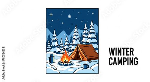 Winter Adventure Camping in Snowy Mountains vector illustration – Explorer Tent and Campfire at Night