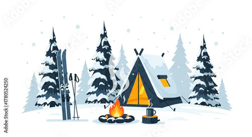Winter Holiday Camping Illustration – Peaceful Snowy Forest with Tent and Firelight