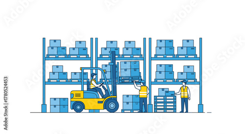 Efficient warehouse operations illustrated with workers and forklift moving boxes, showcasing logistics and supply chain management solutions