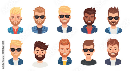 Diverse set of stylish young men portraits ready for your creative project, featuring various hairstyles, skin tones, and cool accessories