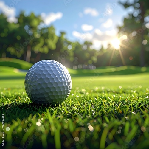 A close-up shot of a white golf ball resting on vibrant green grass with a sunlit golf course and trees in the background