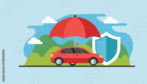 Red car protected by umbrella and shield symbolizing safety and security for vehicles and drivers, offering peace of mind and reliable insurance