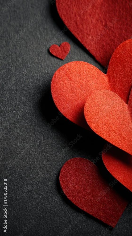 Obraz premium Red paper hearts arranged on a dark background for romance and love stock image