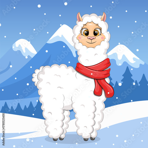 Cute cartoon Llama with red scarf in winter. Vector Illustration of Animal in nature on a blue background with snow.