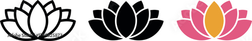 Lotus Flower Icons Set in Outlined Black and Colorful Designs for Spiritual Themes