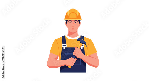 Reliable construction worker holding hammer and wearing hard hat ready for any building project or home renovation job with confidence and skill