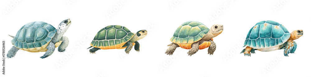 Fototapeta premium Watercolor Turtle Set: Hand-Painted Sea and Land Turtles Illustration