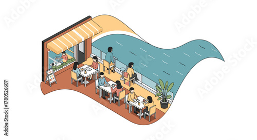 Dine riverside at a modern cafe with friends and family, enjoying the vibrant ambiance and fresh flavors in a scenic, stylish setting