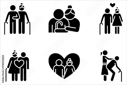 elderly couple icon set, pension family, grandparents, grandfather and grandmother on white background