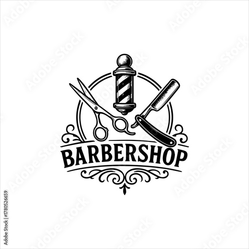 Classic barbershop emblem with crossed scissors and straight razor. Vintage hairstylist and salon vector logo template design isolated on white