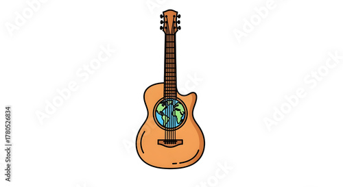 Illustration of acoustic guitar with planet earth inside the sound hole, isolated on white background