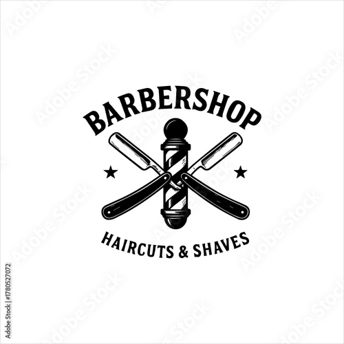 Vintage barbershop emblem with crossed straight razors and a classic barber pole. Retro vector logo design for men's haircuts and shaves