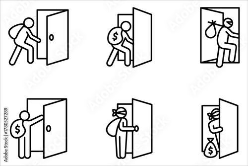 Thief vector icon set. Burglar, bandit symbol flat vector sign isolated on white background.