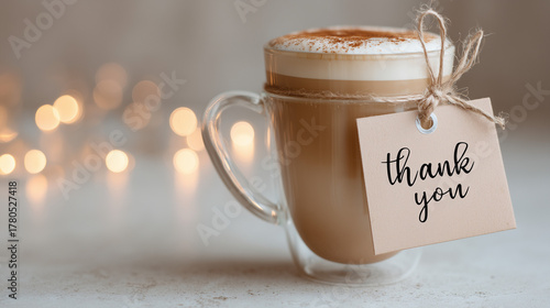 Coffee in Double Glass Cup with “Thank You” Note on White Background – Gratitude Concept, Holiday and New Year Bokeh Lights