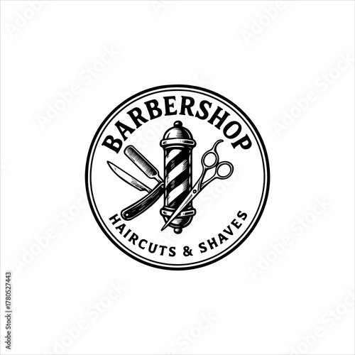 Vintage Barbershop Logo with Razor, Scissors, and Barber Pole, Representing Haircuts and Shaves