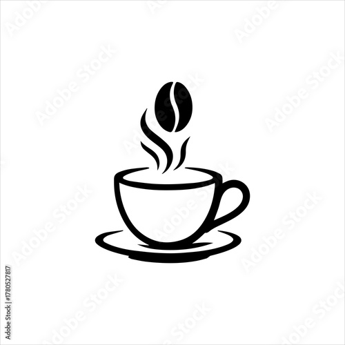 Minimalist coffee cup icon design with steaming hot beverage and floating coffee bean, perfect for cafes, logos, and morning drink themes