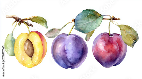 Ripe Plum Watercolor Illustration Isolated on White Background – Hand-Drawn Fresh Fruit Botanical Art