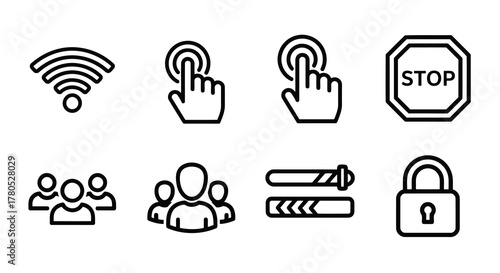 Collection of eight connection and interaction icons in outline and filled styles