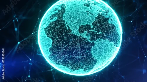 Abstract digital representation of Earth, connected by glowing lines and nodes, in a deep blue space