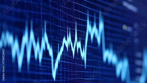 A blue-toned screen displays a fluctuating, light-blue line graph amidst a grid