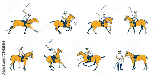 Set of vector illustrations showing polo players riding horses in various game positions and poses