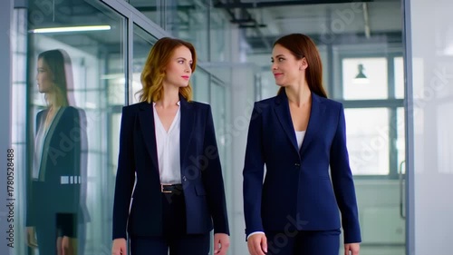 Two businesswomen in suits stride purposefully through a modern office hallway, confident and professional