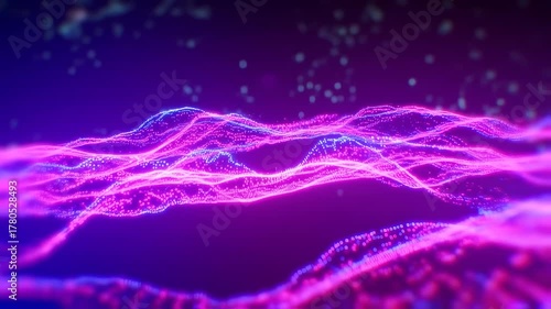 Abstract digital waves flow with neon pink and blue lights against a dark violet backdrop