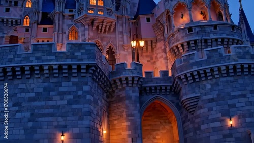 A majestic fairytale castle with lit windows and towers against a twilight sky