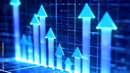 Blue-toned, digital graphic depicts upward-pointing arrows, hinting at progress and growth