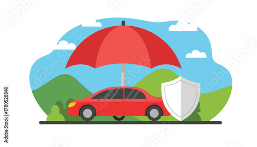 Car insurance protection with shield and umbrella offering peace of mind and financial security for your vehicle and family