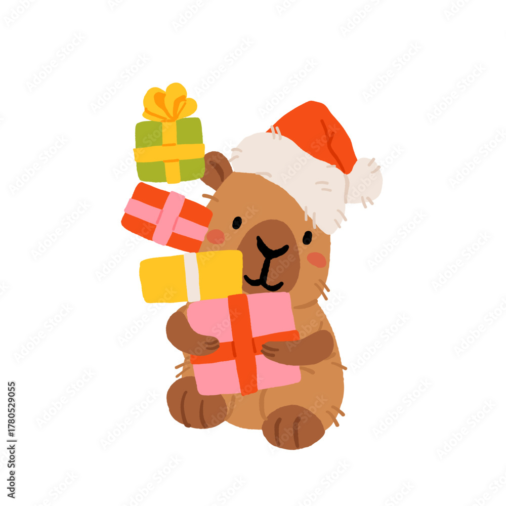 Fototapeta premium Cute Christmas capybara sticker set, festive holiday capybaras with Santa hats, presents, mistletoe, candles and cozy accessories. Flat vector illustration for greeting cards, patterns