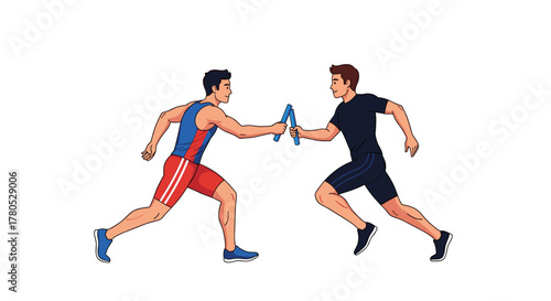 Dynamic relay race featuring two fit athletes passing the baton with speed and precision during a competitive sporting event in summer