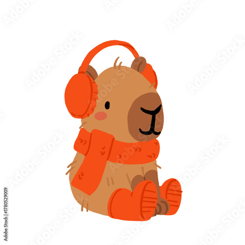 Cute Christmas capybara sticker set, festive holiday capybaras with Santa hats, presents, mistletoe, candles and cozy accessories. Flat vector illustration for greeting cards, patterns