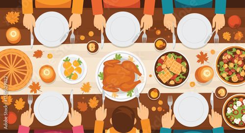 Family gathering around a vibrant Thanksgiving table with delicious food and autumnal decorations, creating a warm and inviting atmosphere