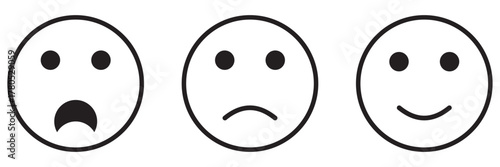 Smiley emoticons. Different facial expressions: happy, sad, surprised emoji icons. Smile icon set. Emoticons simple line icon negative, neutral & positive sign. Rating or feedback emojis. web icon.