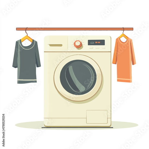  Frontloading washing machine with clothes hanging on a rack