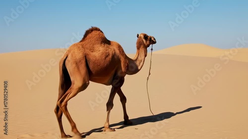 A camel walks through a desert landscape under a clear blue sky, casting a long shadow