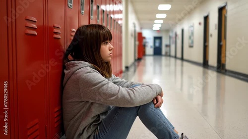 Lonely and downcast teenage girl huddled on the floor. Disheartened student experiencing isolation and mistreatment in an empty school hallway