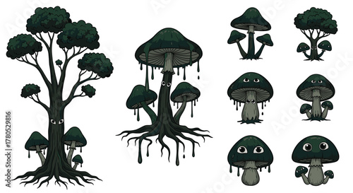 Delightfully spooky mushroom and tree characters perfect for Halloween designs and whimsical storybooks with a cute mysterious vibe