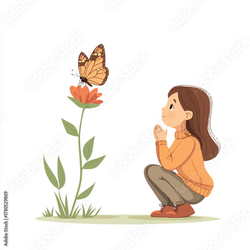 Girl admiring butterfly on flower.