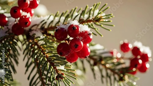 Evergreen Branch with Red Winter Berries and Fresh Snow in Soft Sunlight