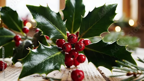Close-up of vibrant green holly leaves with bright red berries on a rustic wooden table, evoking Christmas and winter holiday spirit.