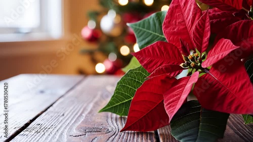 Bright Red Poinsettia Flower on Rustic Wooden Table with Blurred Christmas Tree and Lights in Background