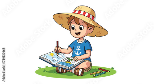 Joyful child with straw hat enthusiastically drawing a vibrant beach scene in an open sketchbook on sunny grass